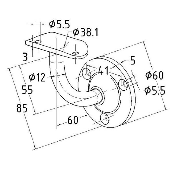Крепление поручня к стене (пристенок литой) под поручень диаметром Ø38.1 мм, полированный (AISI 304)